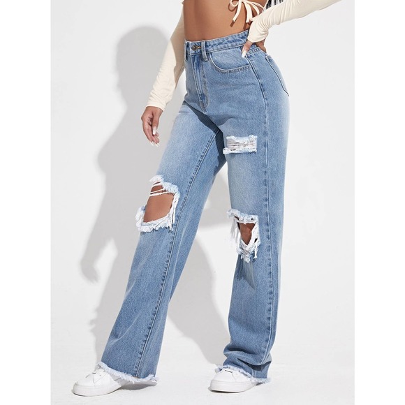 light wash Ripped Cutout Wide Leg Jeans - Picture 4 of 5